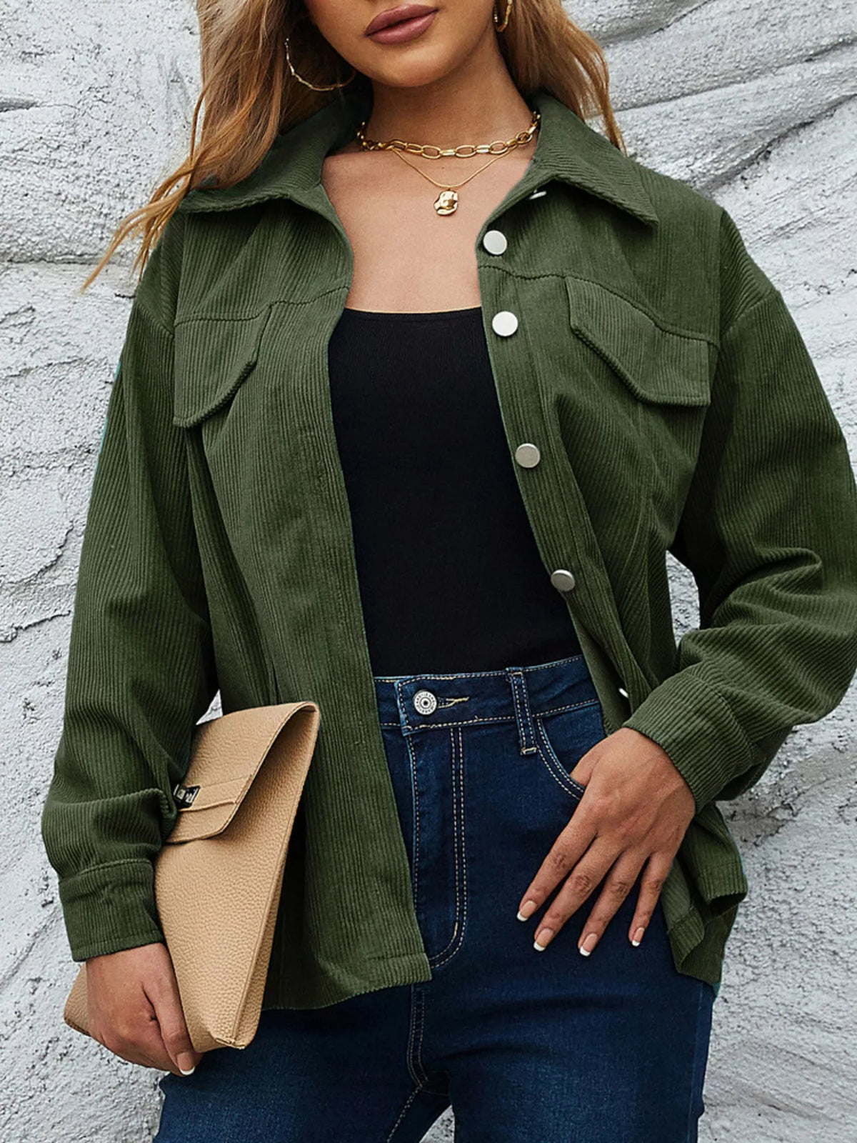 Casual Corduroy Button-Down Jacket in Olive Green