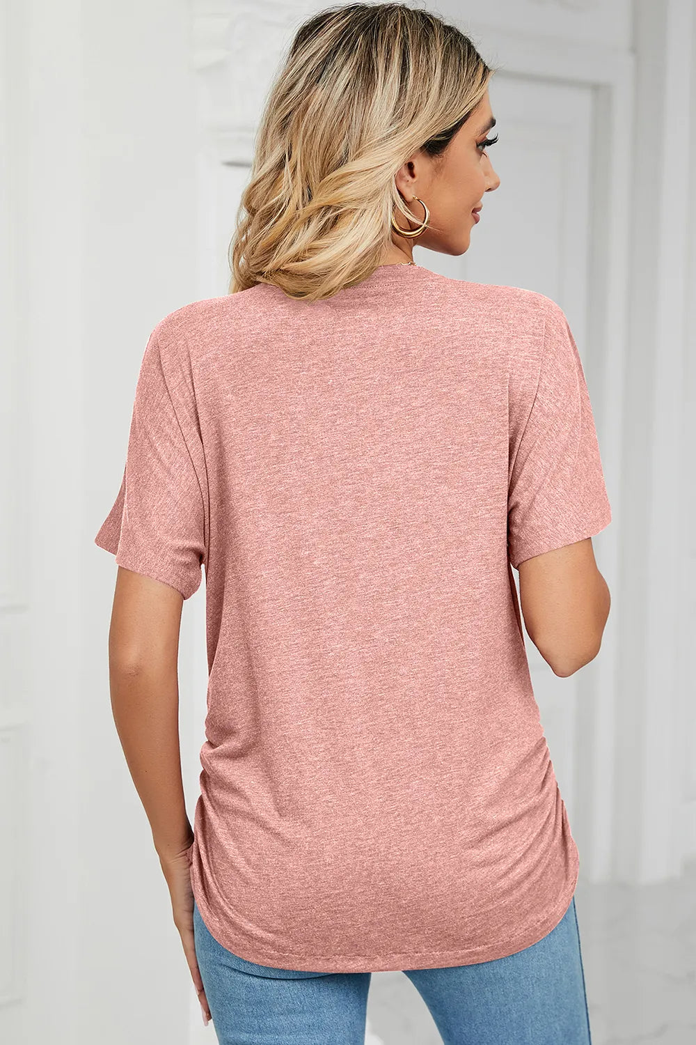 Ruched V-Neck Short Sleeve T-Shirt - Lilixa.store