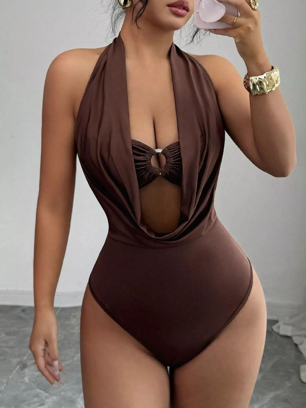 Halter Neck Ruched Ring Detail Bodysuit - Lilixa.store