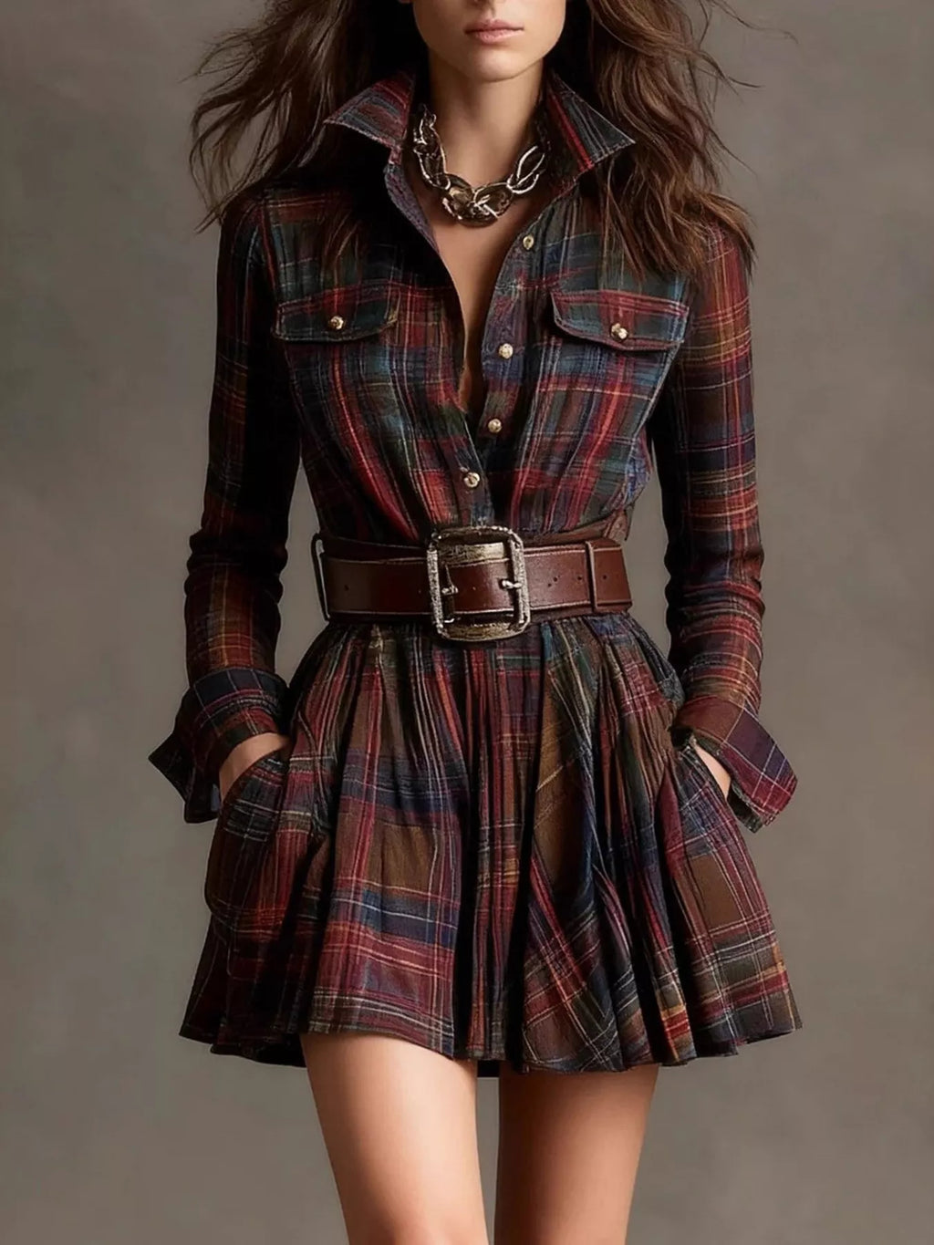 Plaid Long Sleeve Shirt Dress – image 1 | Lilixa Spooky Season