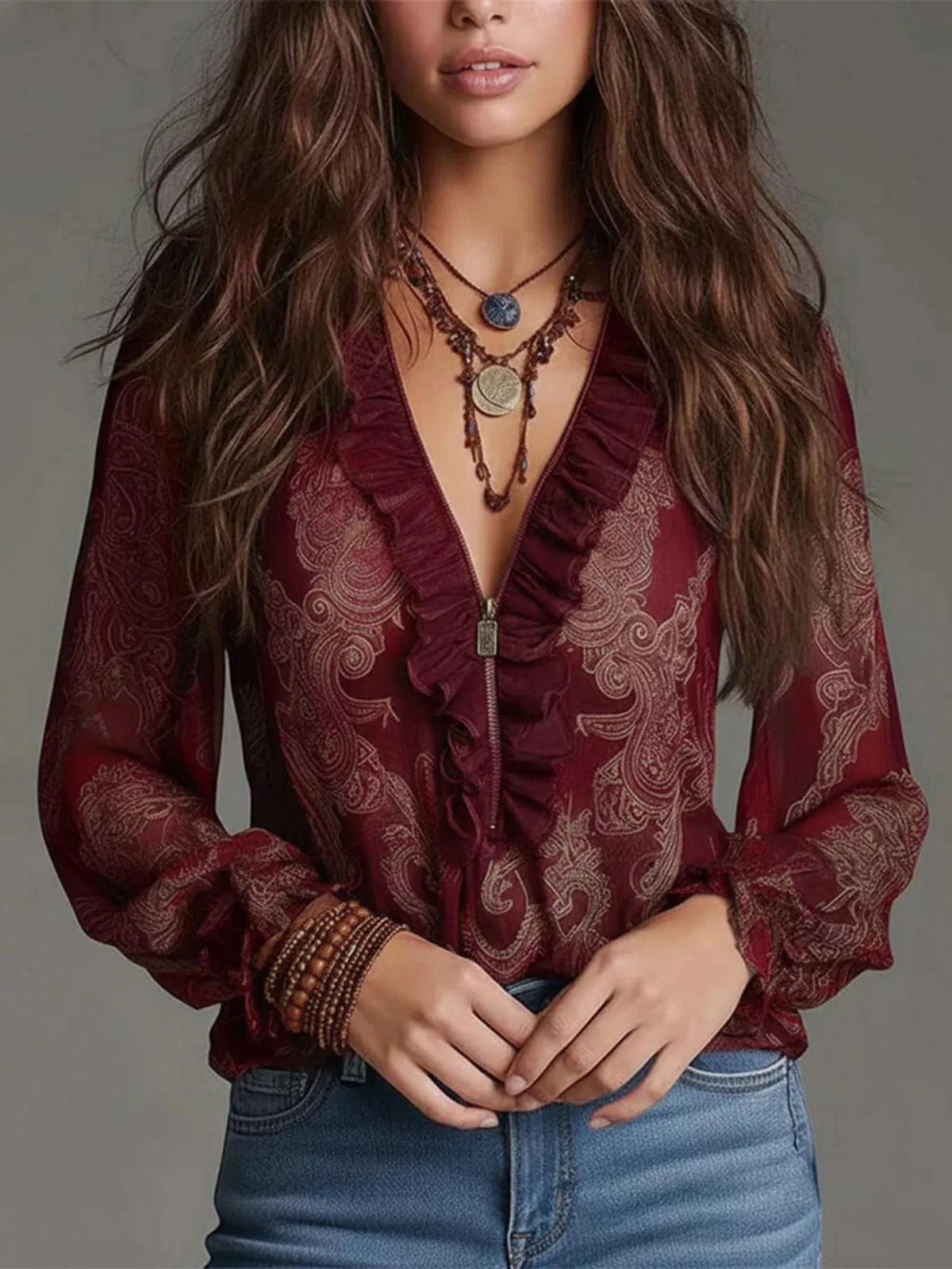Full Size Paisley Print Ruffle Trim Zip-Front Blouse Plus Size, view 5