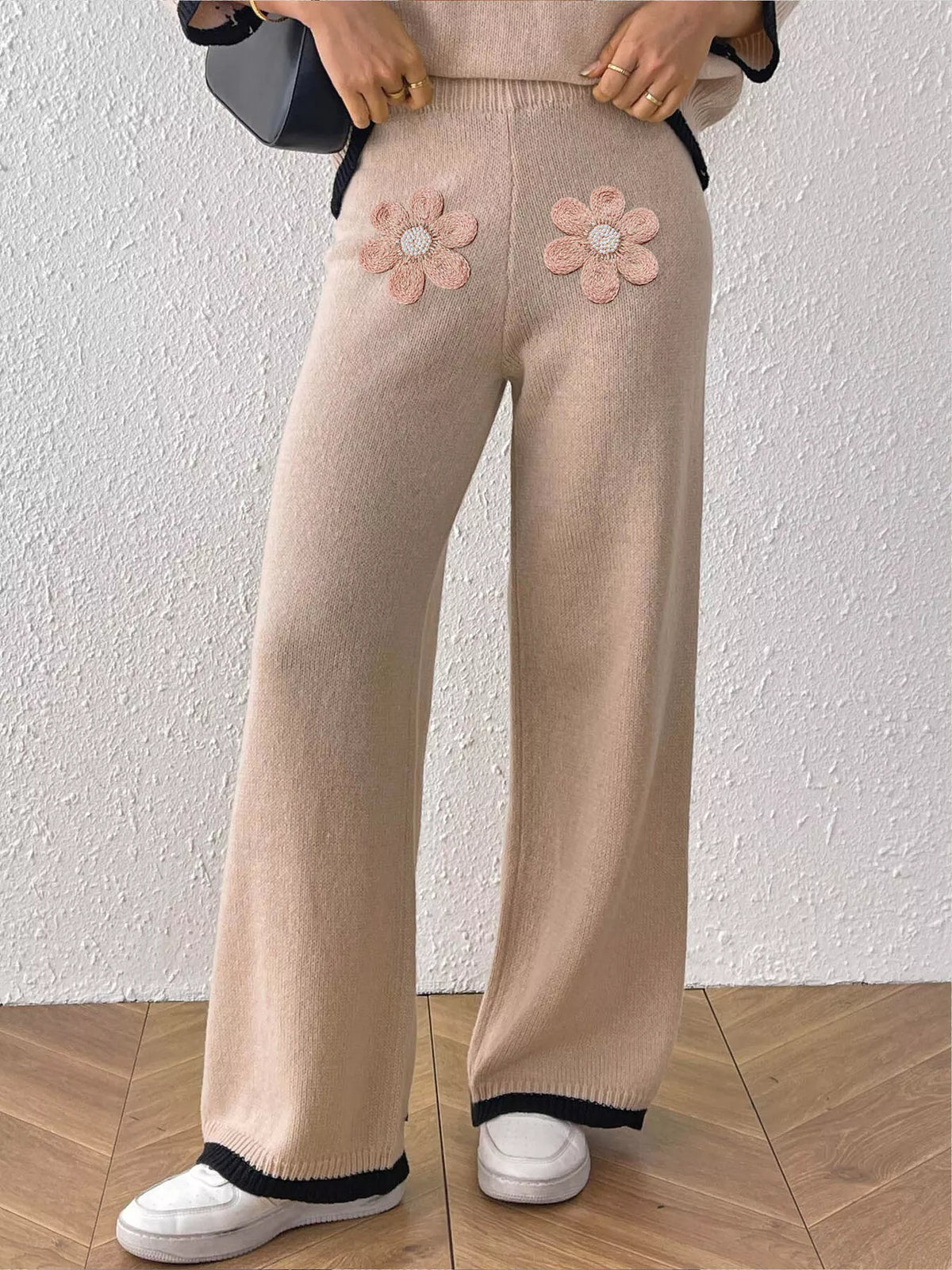 Floral Applique High-Waisted Wide-Leg Sweater Pants - Lilixa.store