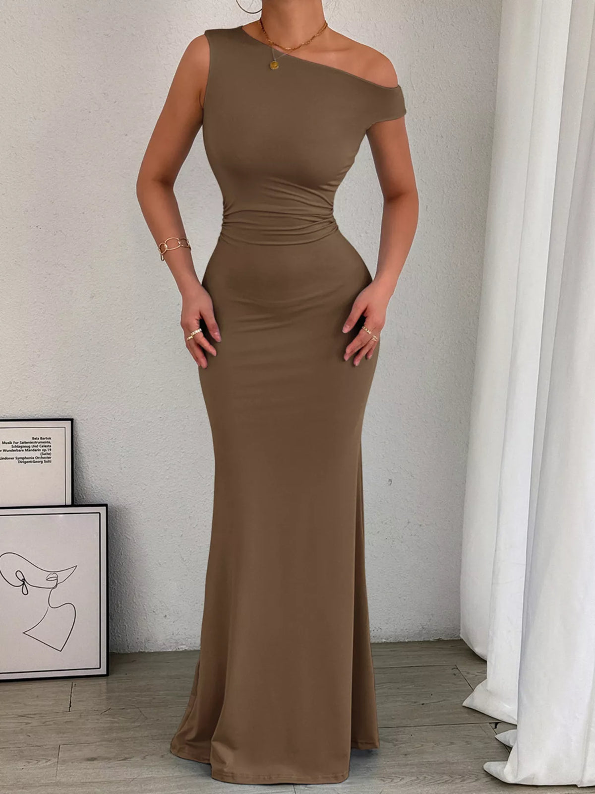 One-Shoulder Ruched Bodycon Maxi Dress in Brown