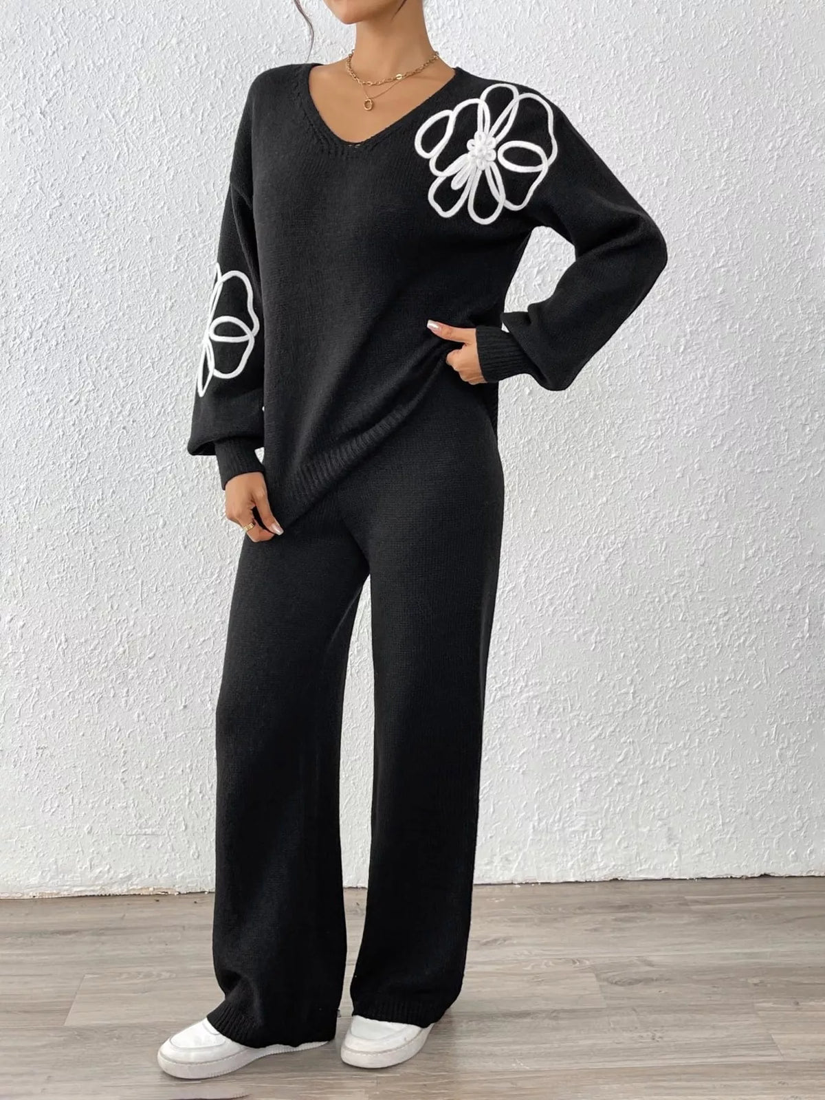 V-Neck Dropped Shoulder Top and Pants Sweater Set