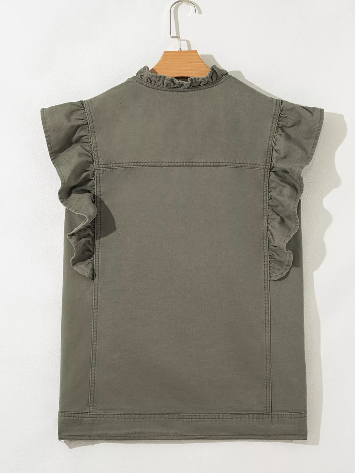 Ruffled Patchwork Denim Jacket Vest in Army Green, view 6