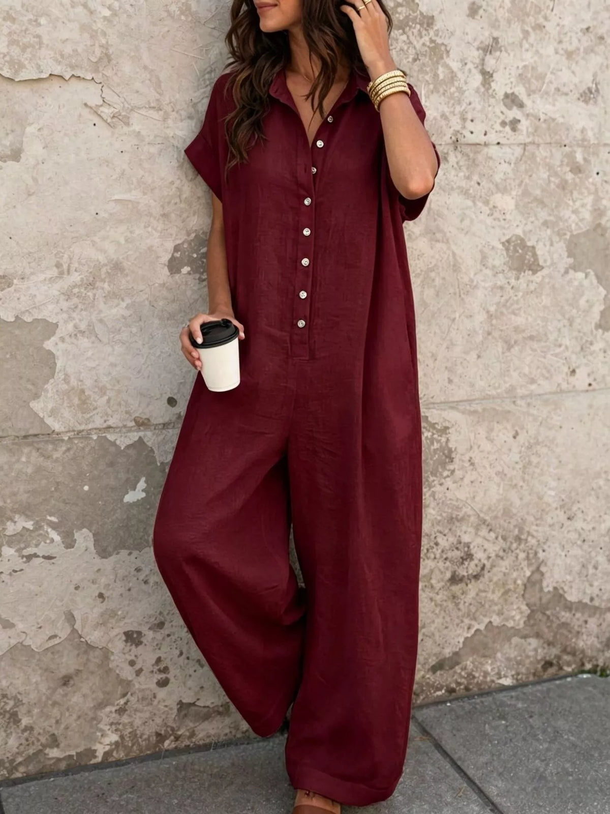 Button Front Short Sleeve Jumpsuit - Lilixa.store
