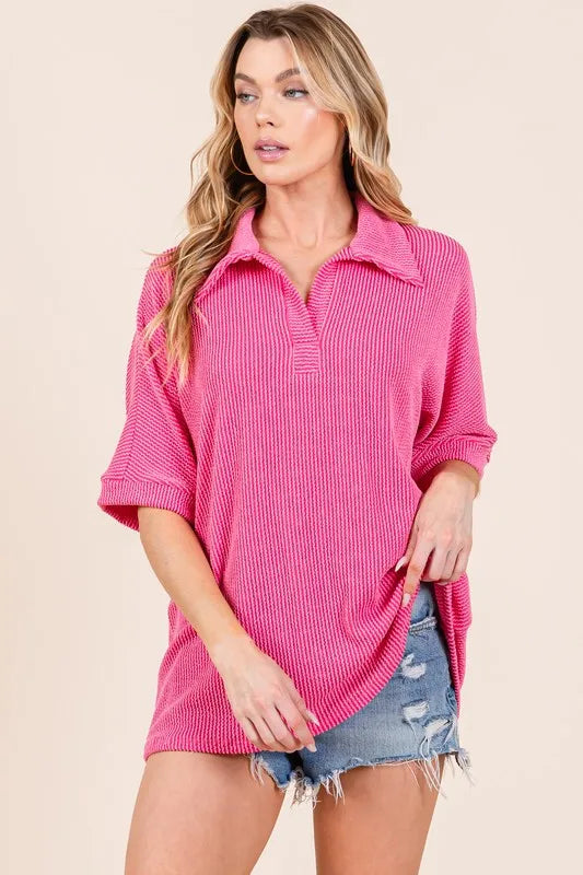 BOMBOM Ribbed Collared Neck Top - Lilixa.store