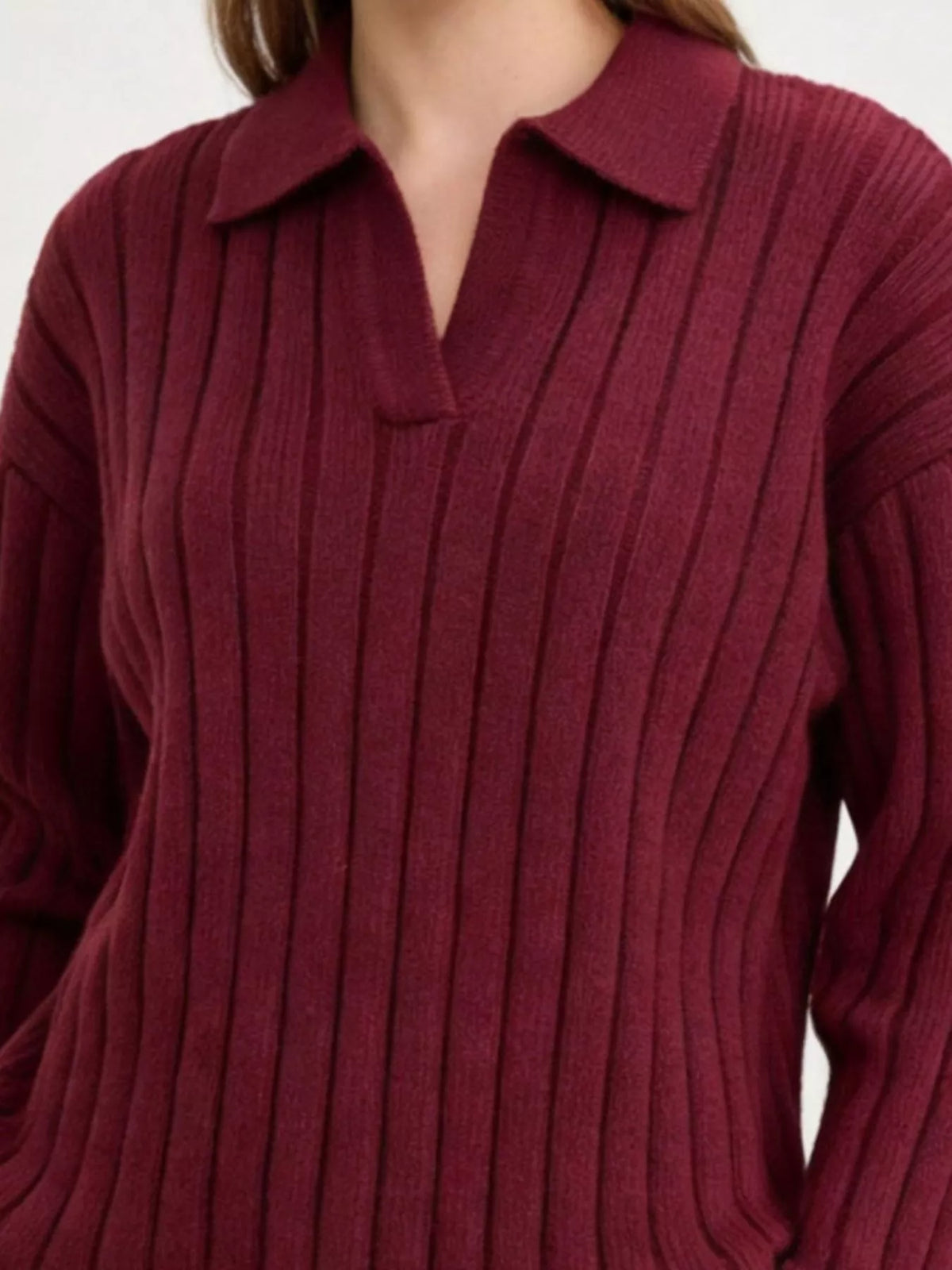 Ribbed Knit Polo Collar Sweater - Lilixa.store