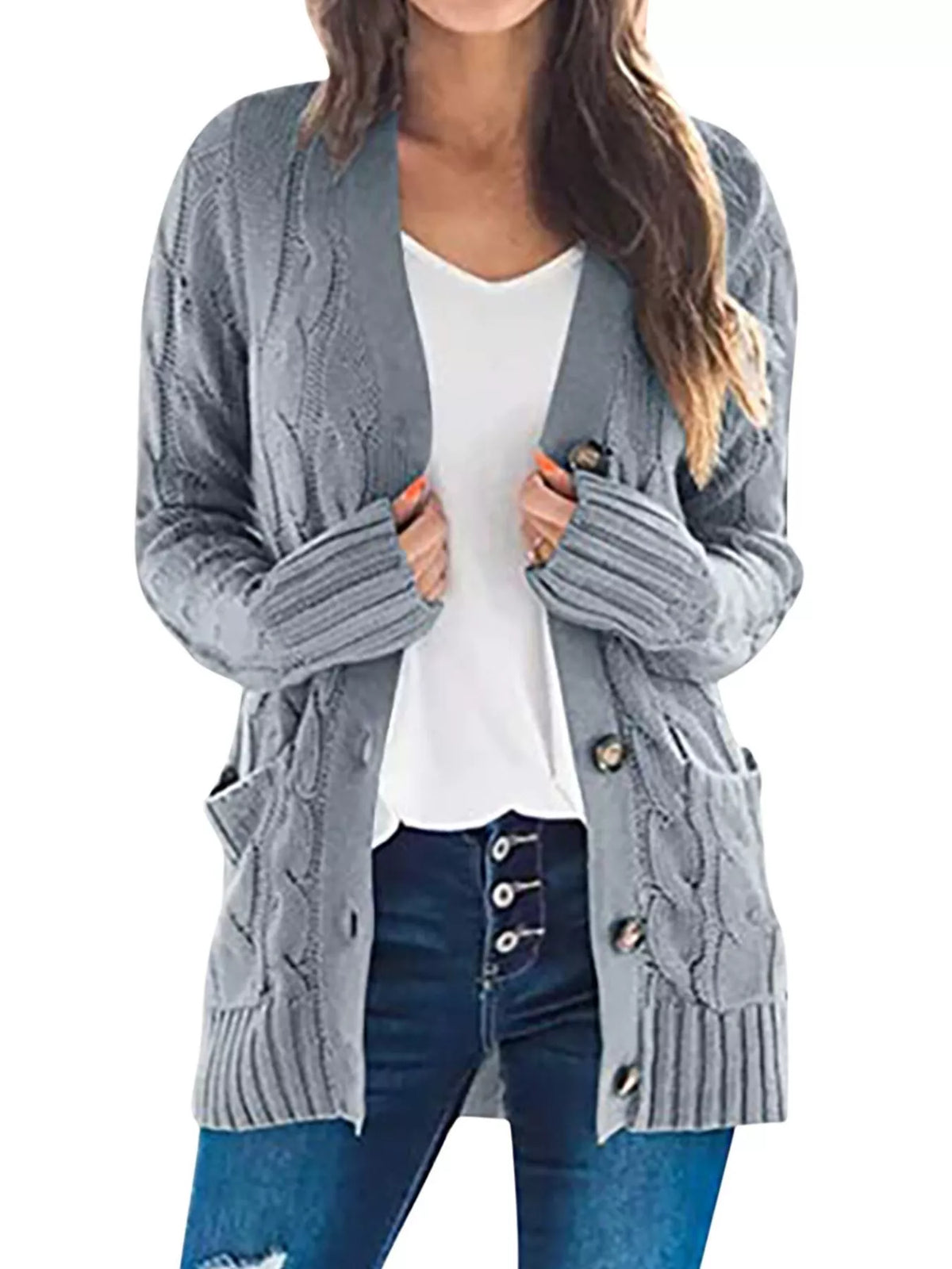 Full Size Chunky Cable Knit Button-Down Cardigan Plus Size - Lilixa.store