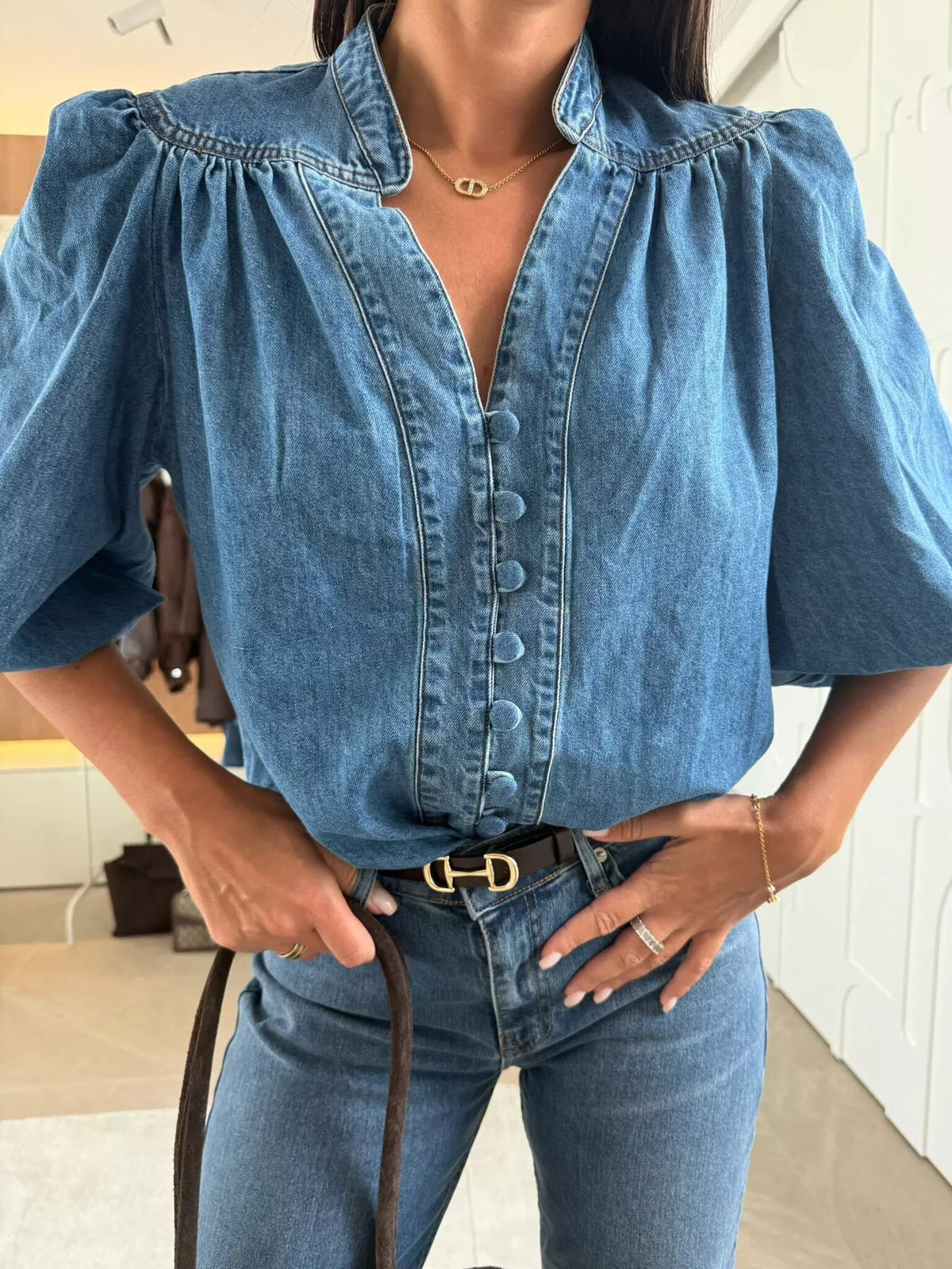Puff Sleeve Button Front Denim Top