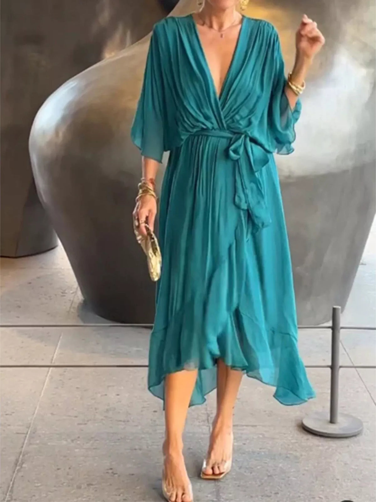 Full Size Chiffon Wrap Dress with Flutter Sleeves Plus Size - Lilixa.store