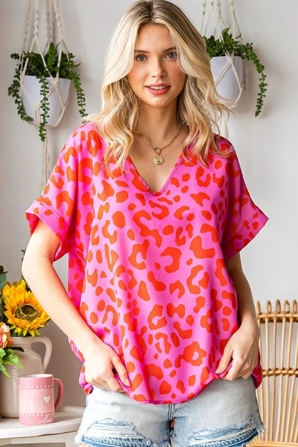 First Love Leopard V-Neck Short Sleeve Woven Top - Lilixa.store