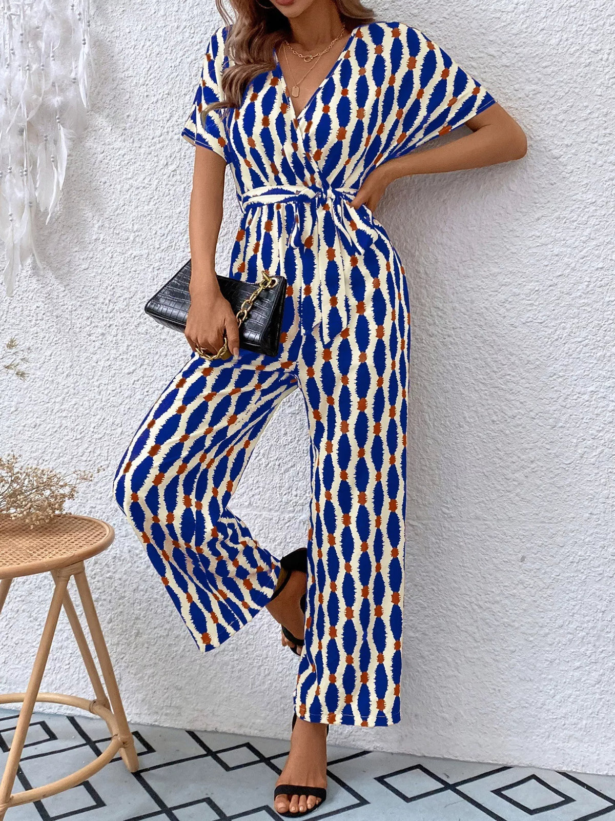 Printed Surplice Tie Waist Short Sleeve Jumpsuit - Lilixa.store