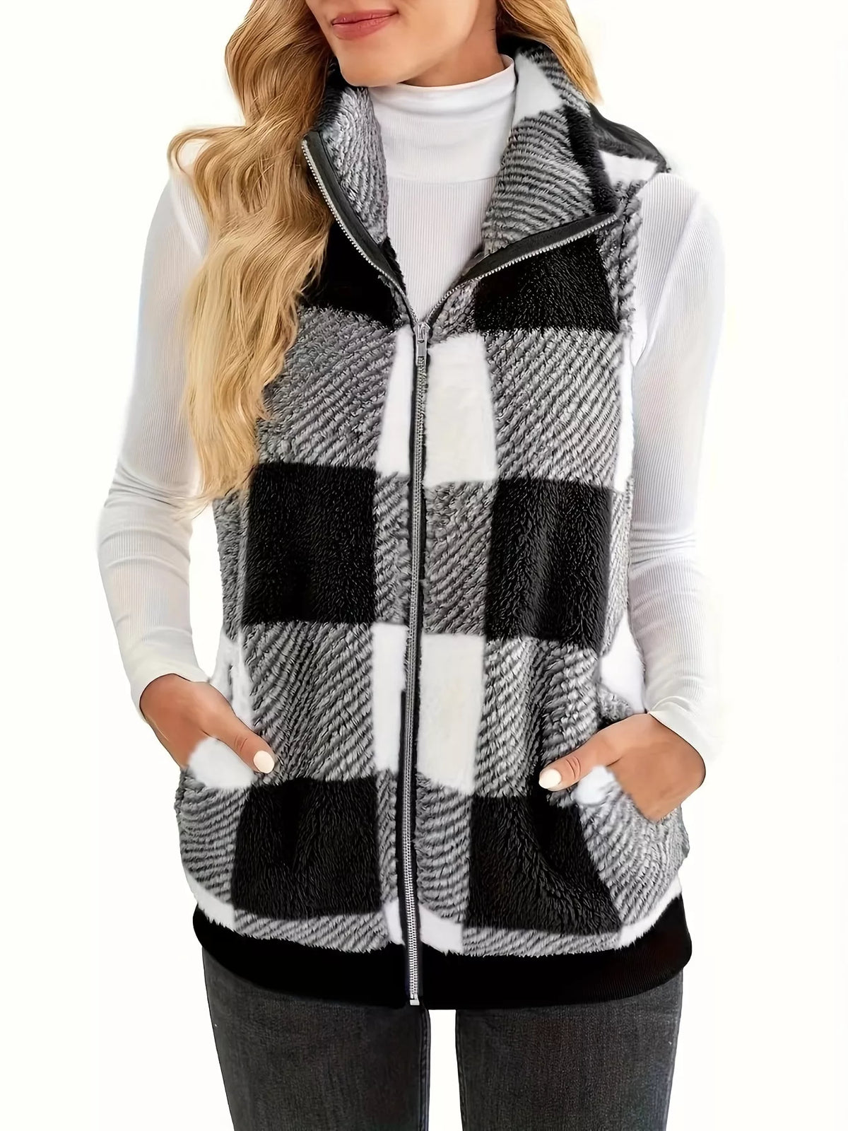 Plus Size Cozy Plaid Fleece Vest Coat - Lilixa.store