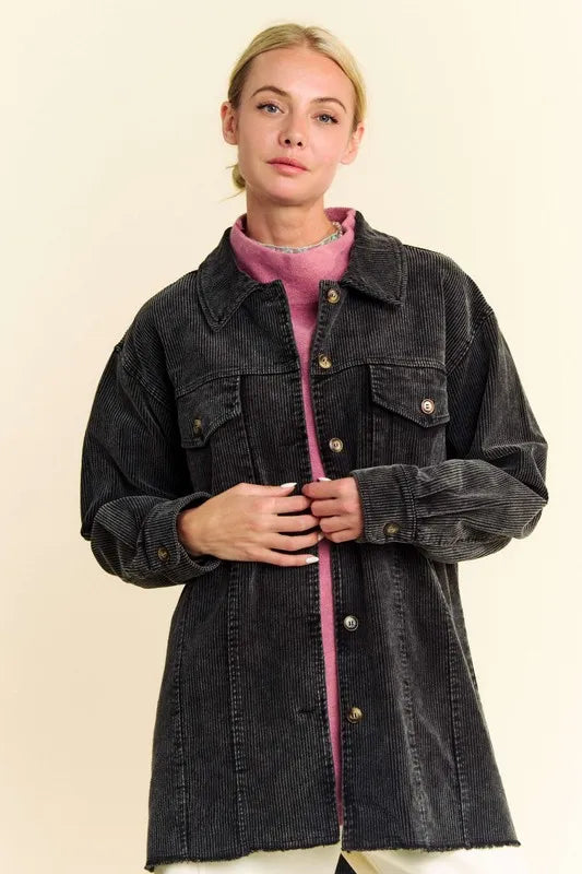 Davi & Dani Washed Corduroy Raw Hem Button Up Jacket in Black