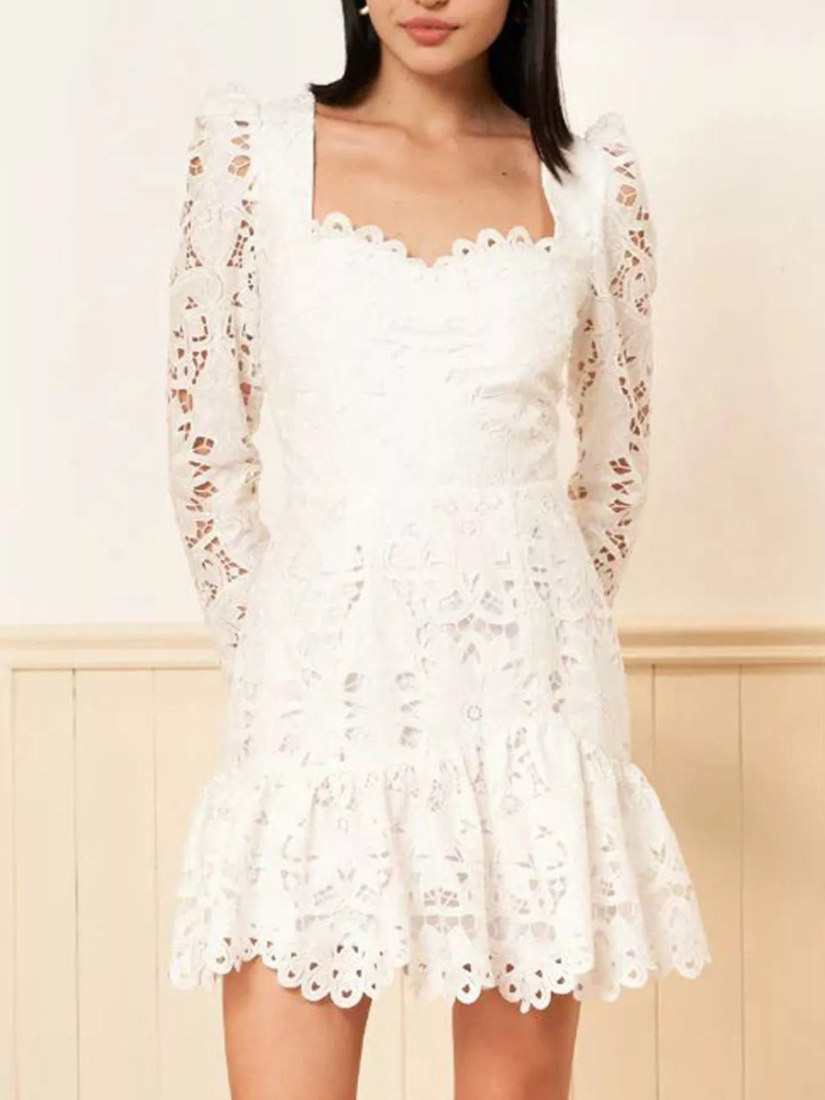 Lace Long-Sleeve Mini Dress with Scalloped Neckline in White, view 2