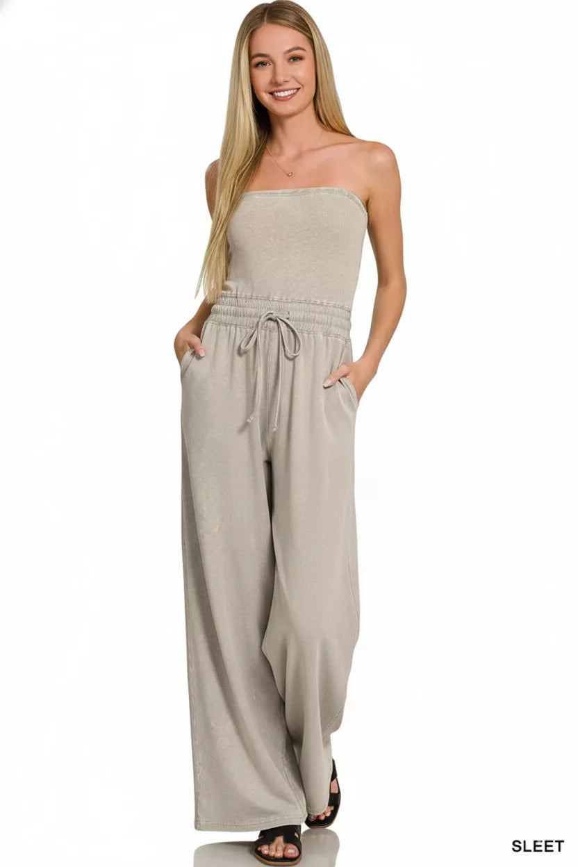 Zenana Acid Washed Strapless Tube Top Jumpsuit - Lilixa.store