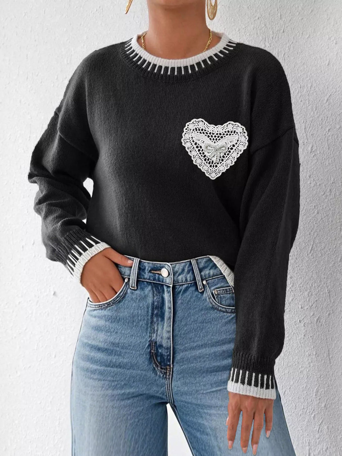Lace Heart Contrast Trim Sweater - Lilixa.store