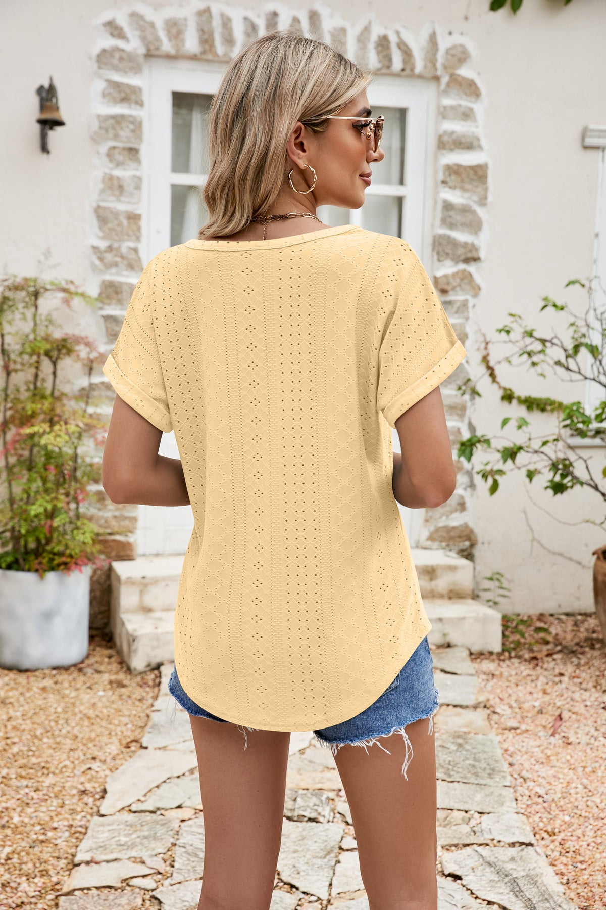 Full Size Round Neck Eyelet Short Sleeve Top, view 10