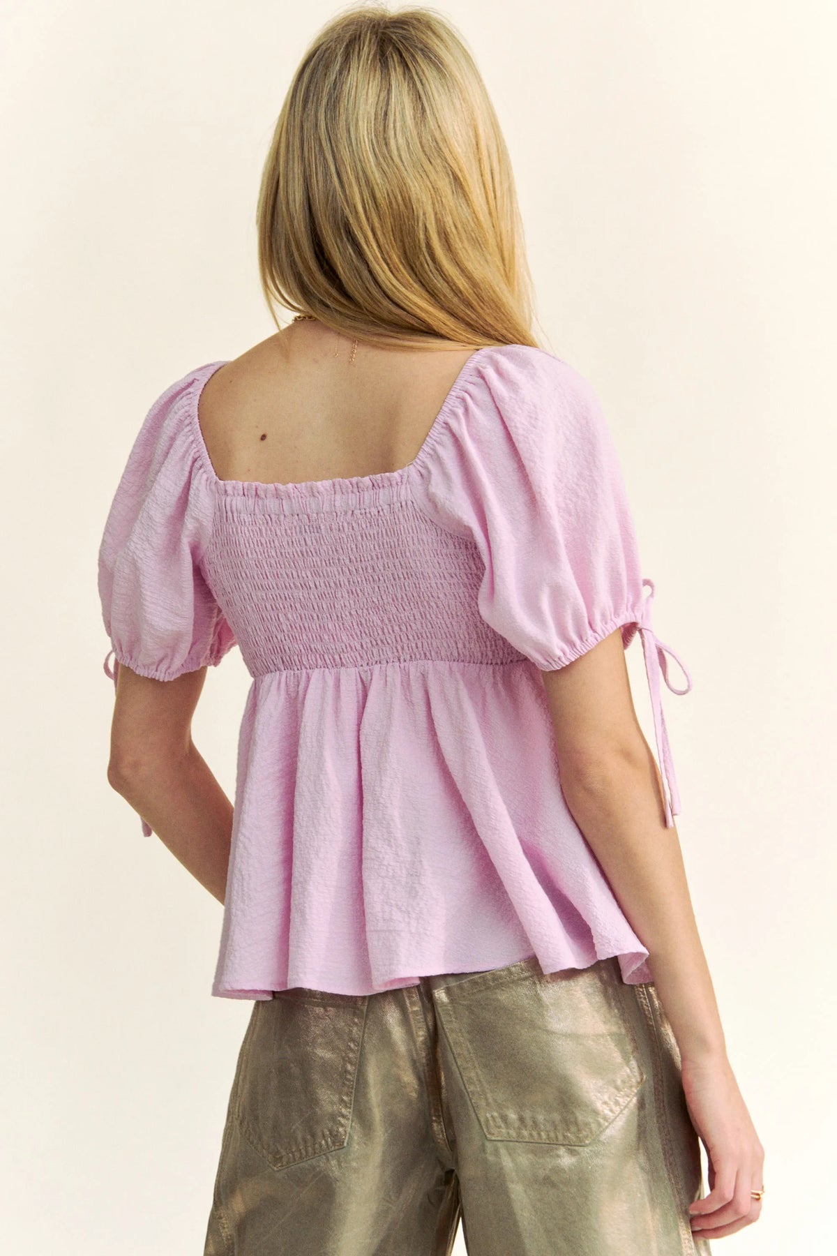 Davi & Dani Solid Elastic Peplum Puffed Sleeves Blouse - Lilixa.store