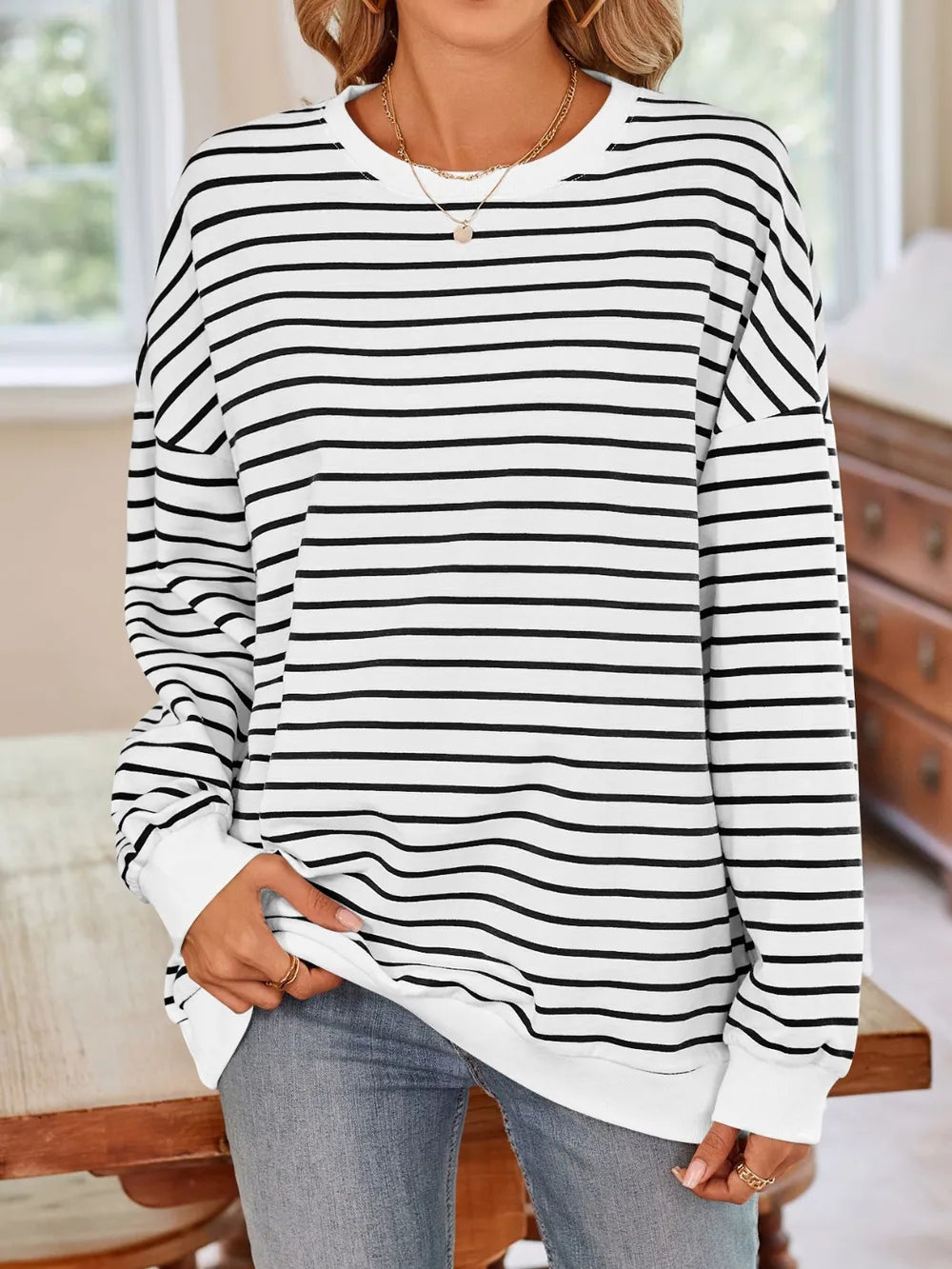Lovelet Striped Round Neck Long Sleeve Sweatshirt - Lilixa.store
