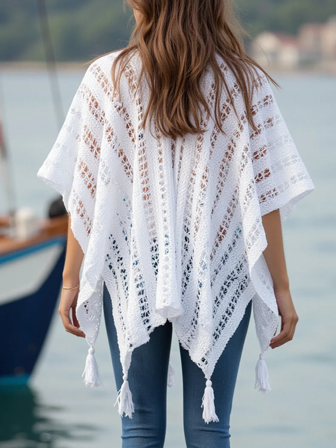 Openwork Tassel Open Front Knit Cover Up - Lilixa.store