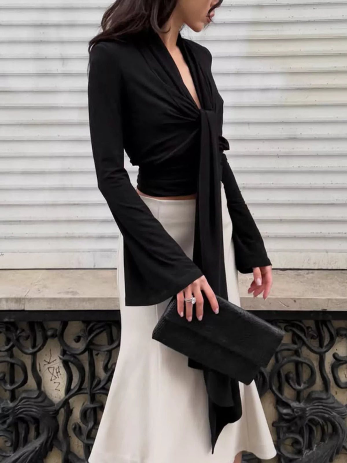 Front Tie Detail Flare Sleeve Blouse in Black, view 7