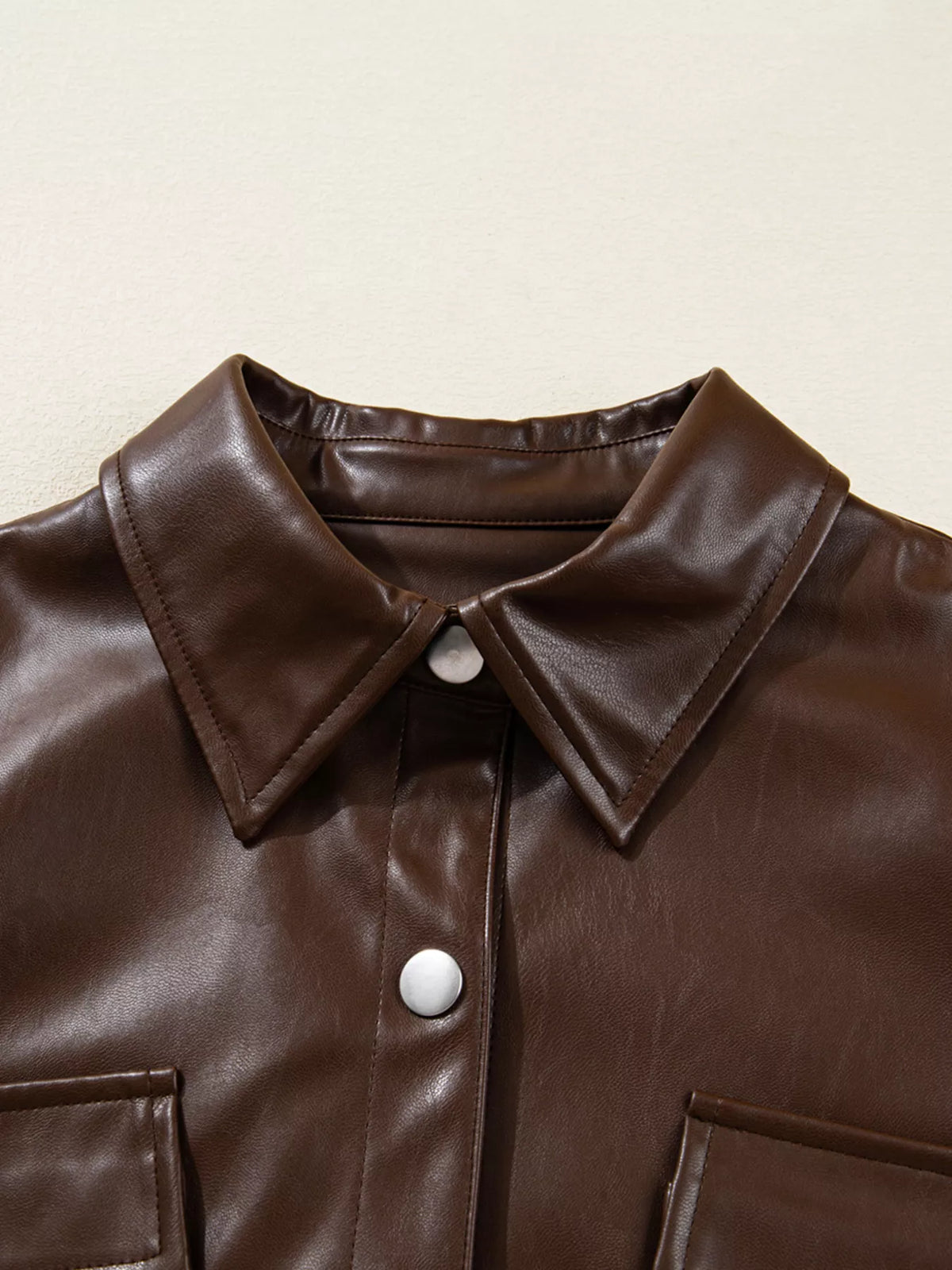 Double Flap Pocket Drawstring Hem Leather Jacket in Dark Brown, view 12