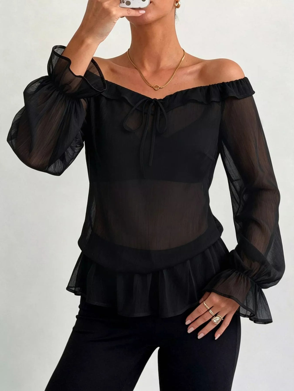 Off-Shoulder Flounce Sleeve Chiffon Blouse - Lilixa.store