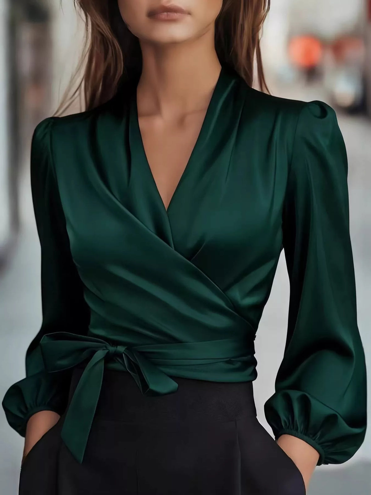 Elegant Satin Wrap Blouse with Bow Detail in Dark Green