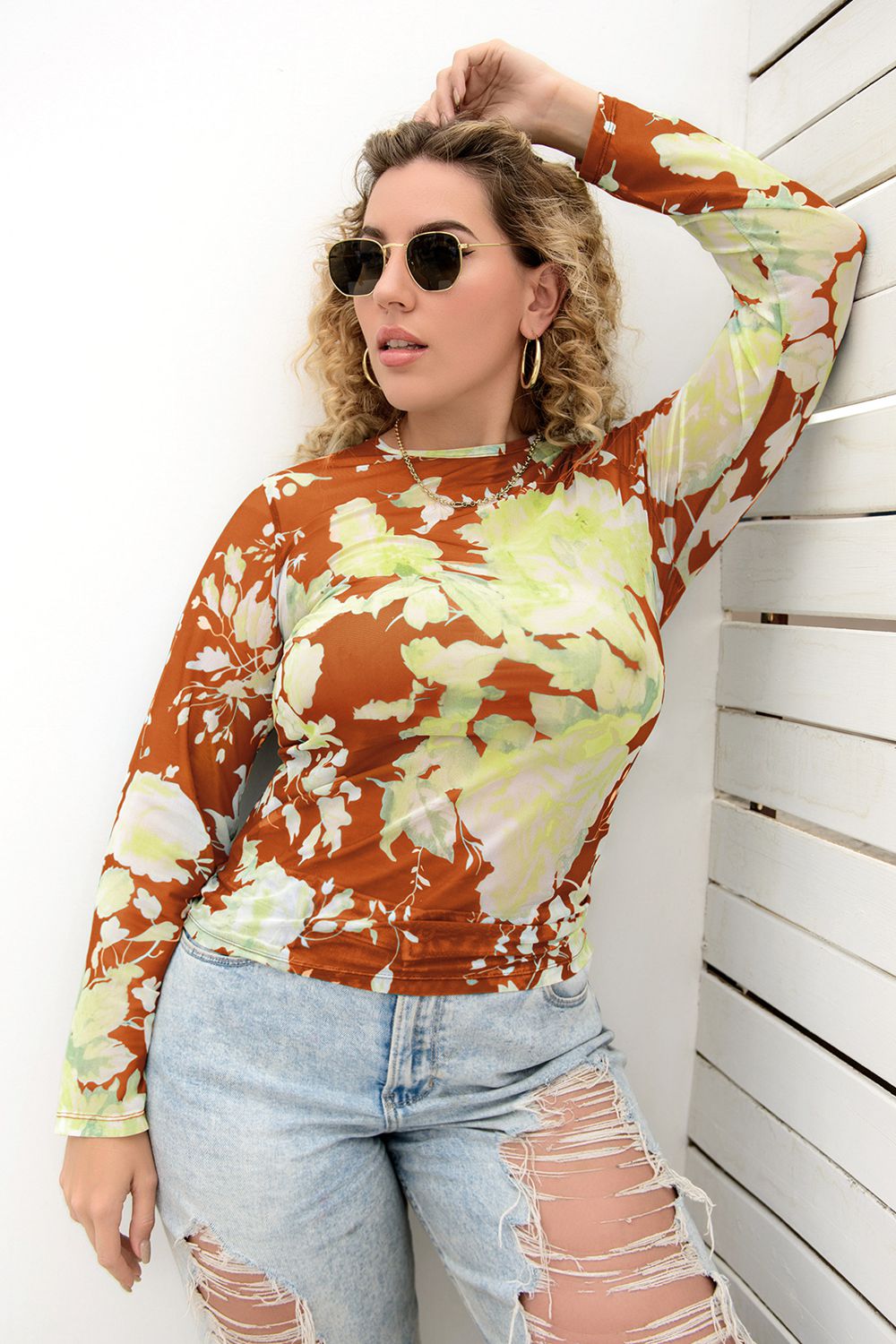 Plus Size Printed Round Neck Long Sleeve Blouse - Lilixa.store