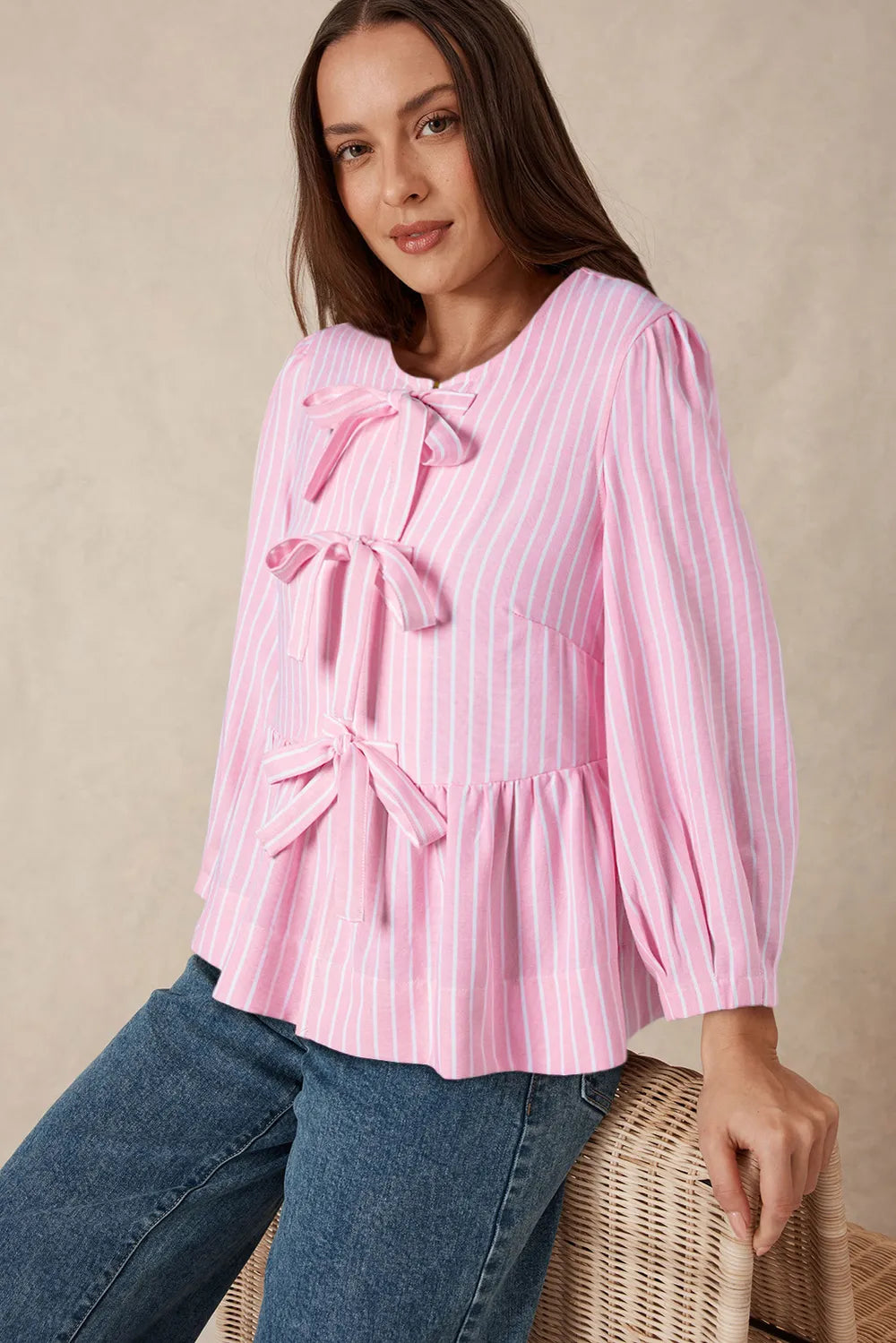Tied Bow Striped Round Neck Blouse in Blush Pink, view 2