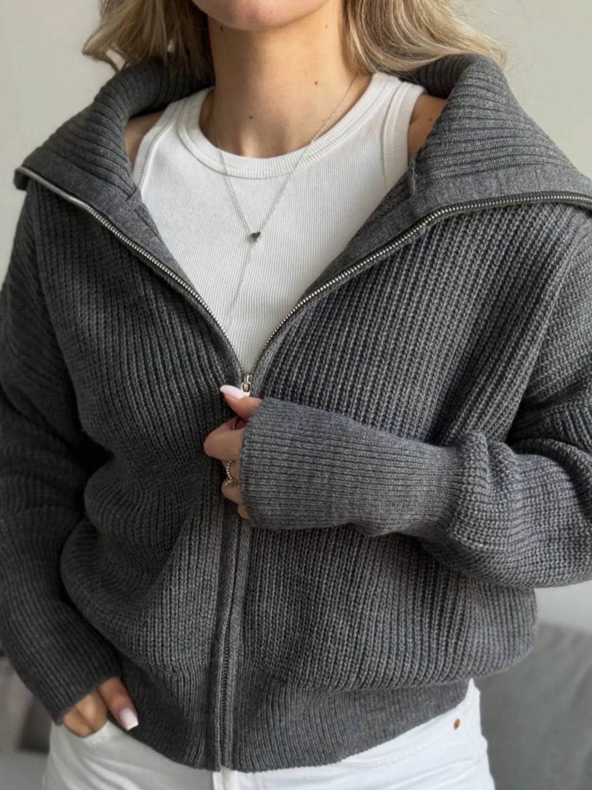 Zip Up Dropped Shoulder Cardigan - Lilixa.store