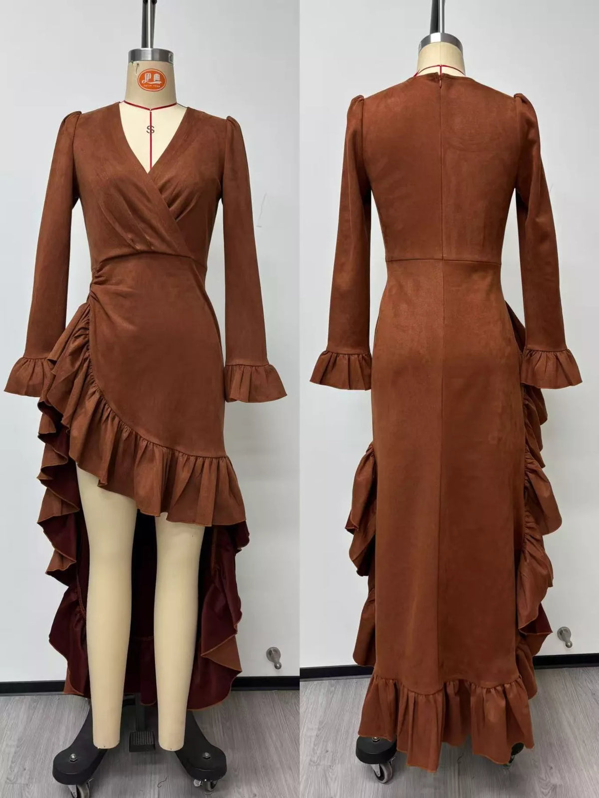 Boho Chic Suede Wrap Dress with Ruffled High-Low Hem in Brown, view 3
