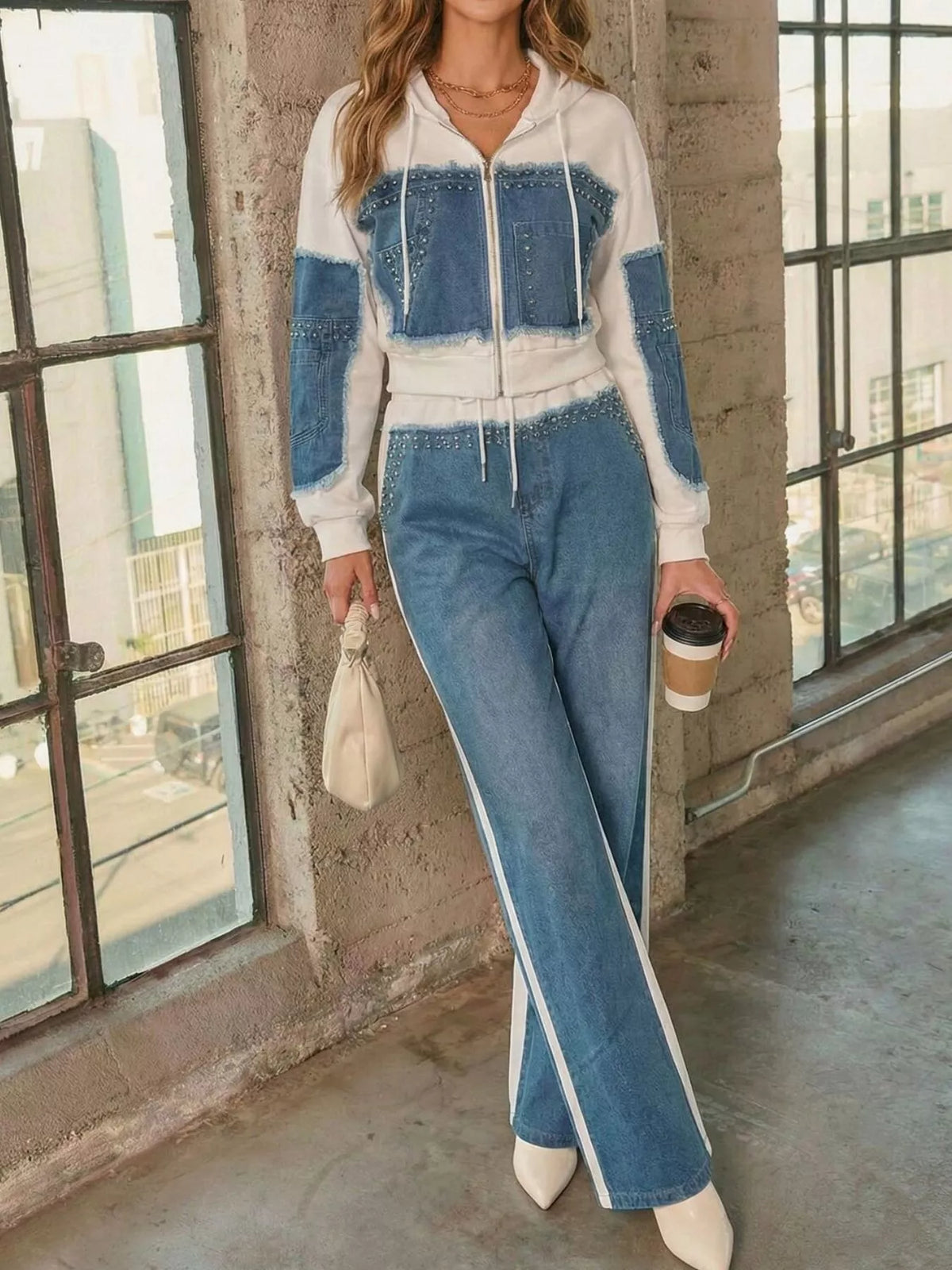 Full Size Studded Denim Patchwork Hoodie and Joggers Set Plus Size - Lilixa.store