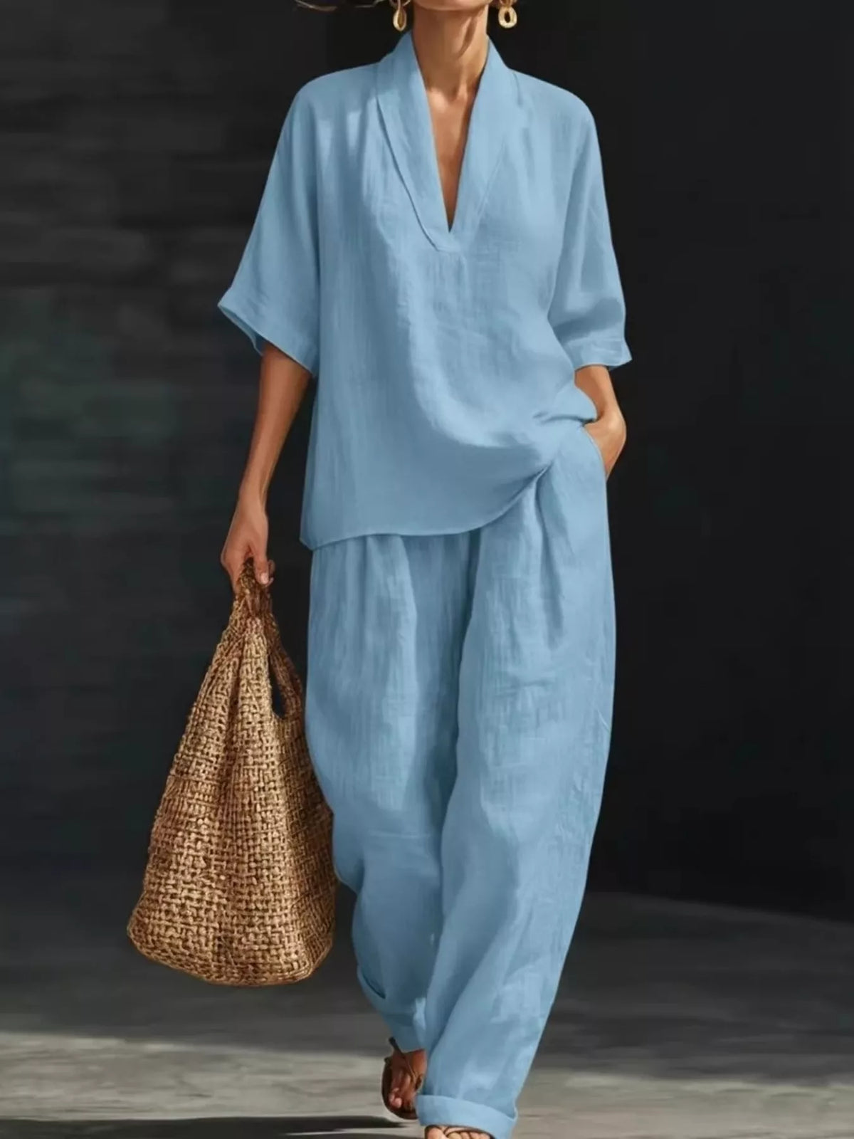 Full Size Half Sleeve Top and Wide Leg Pants Set Plus Size