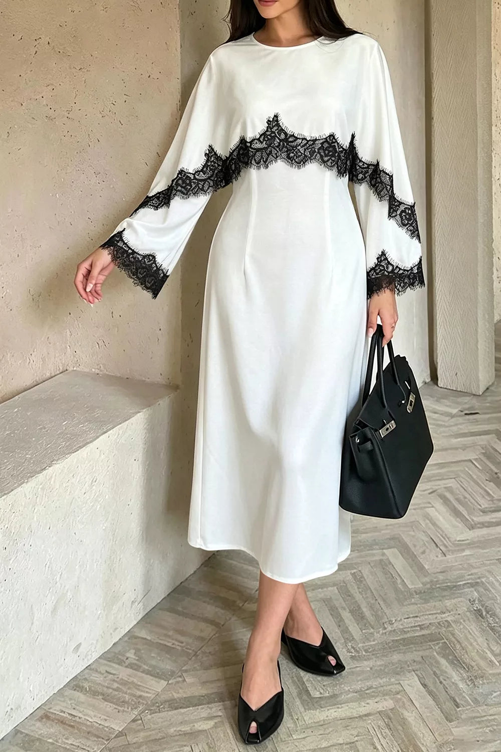 Lace Trim Round Neck Midi Dress - Lilixa.store