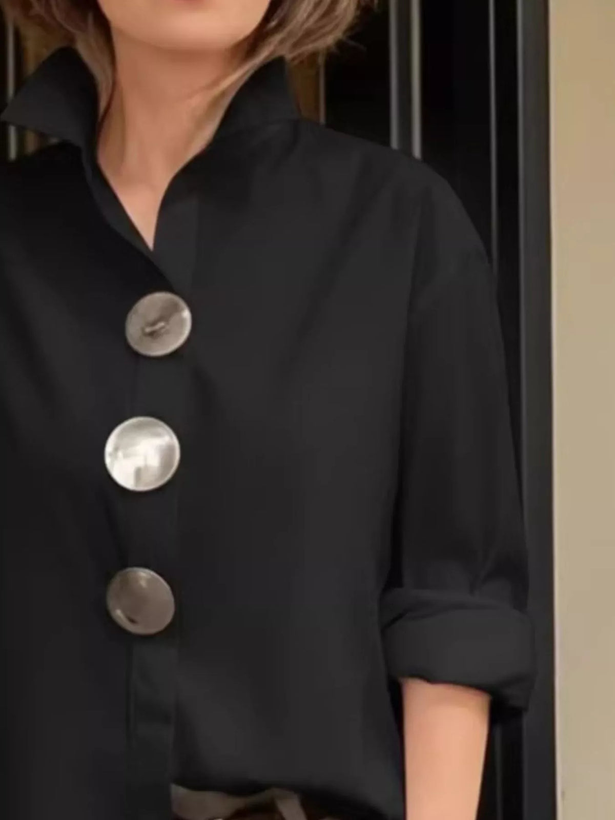 Full Size Oversized Metal Button Long Sleeve Shirt Plus Size - Lilixa.store