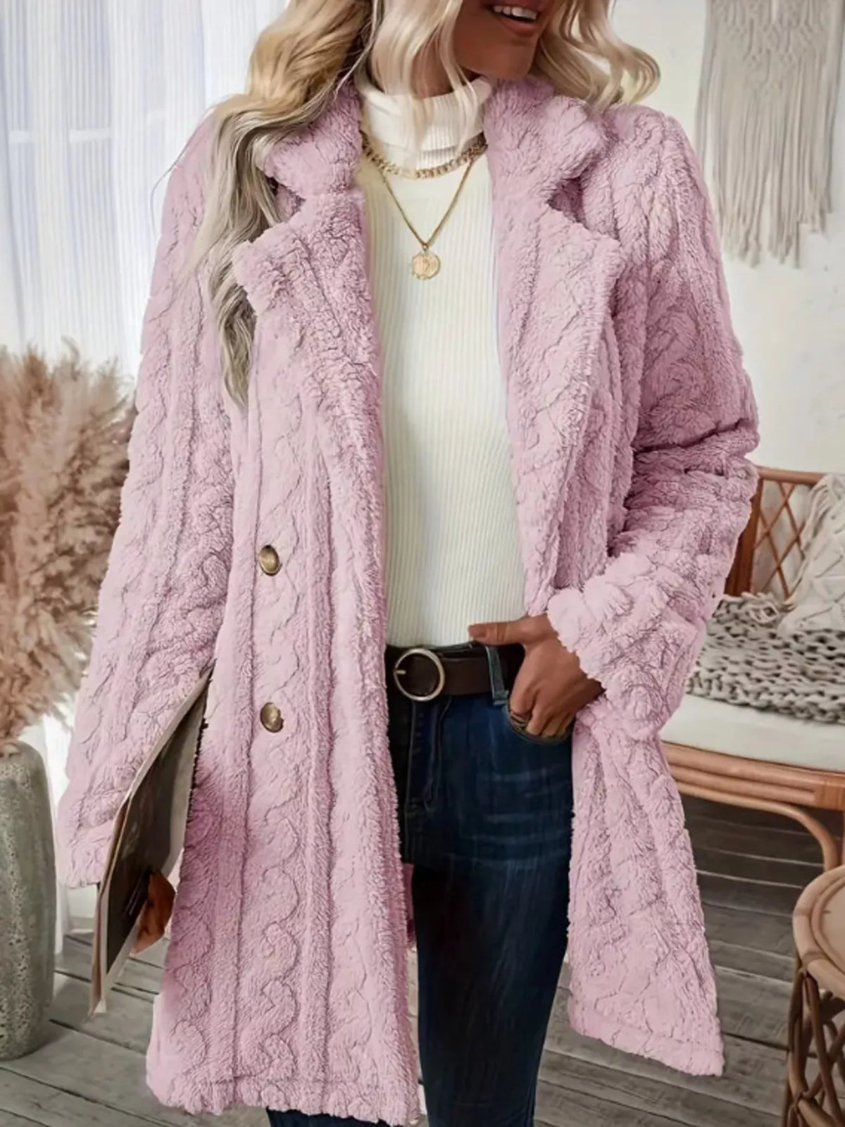 Cozy Faux Shearling Double-Breasted Outerwear, view 10
