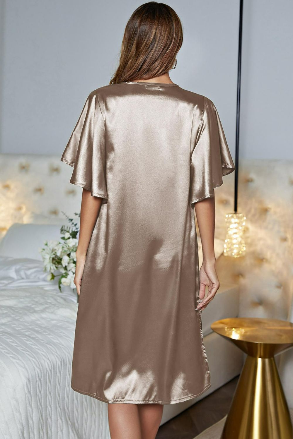 Satin Flutter Sleeve Side Slit V-Neck Night Dress - Lilixa.store
