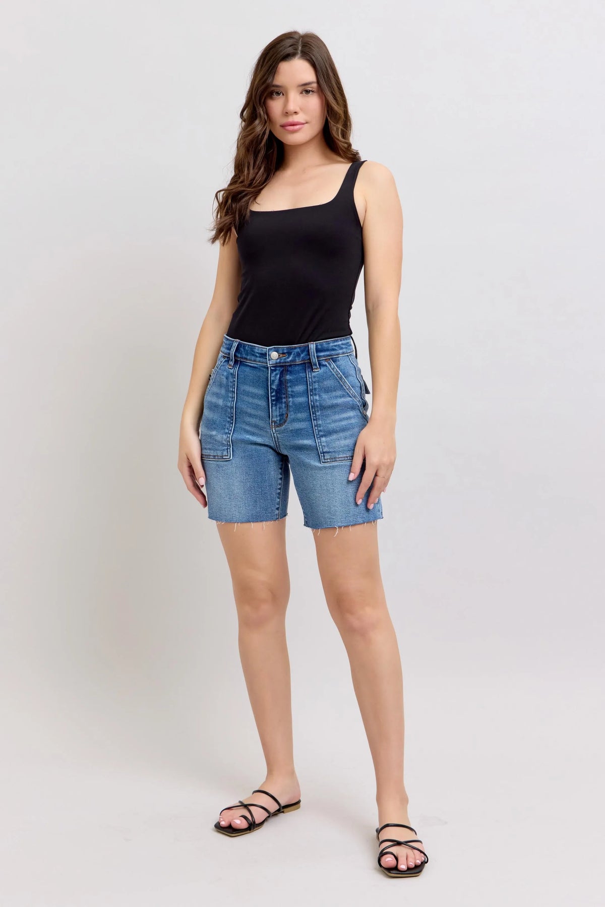 Judy Blue Full Size Mid Rise Bermudas Denim Shorts W/ Back Flap Pockets Plus Size - Lilixa.store