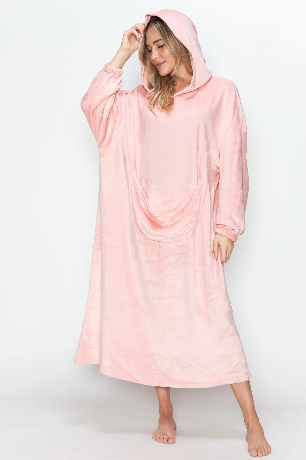 Double Take Full Size Pocketed Hooded Midi Lounge Dress - Lilixa.store