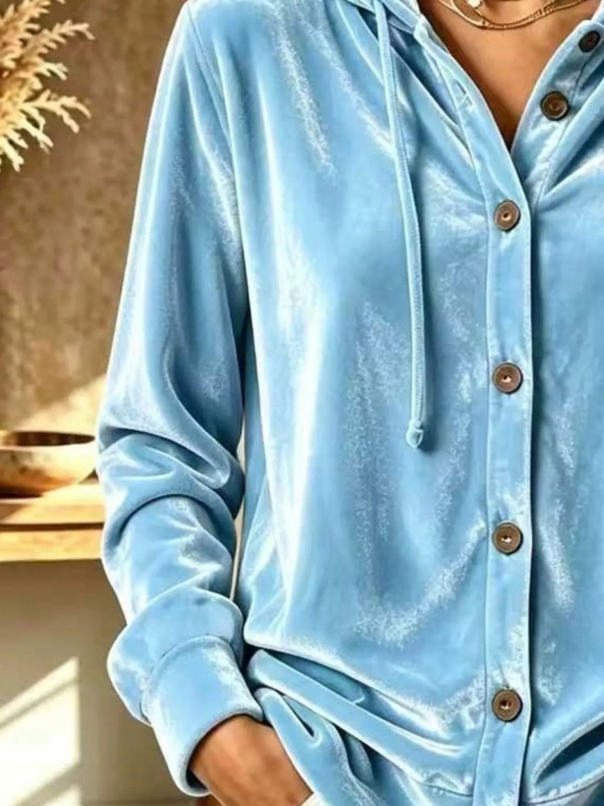 Full Size Velvet Button-Down Hooded Top Plus Size - Lilixa.store
