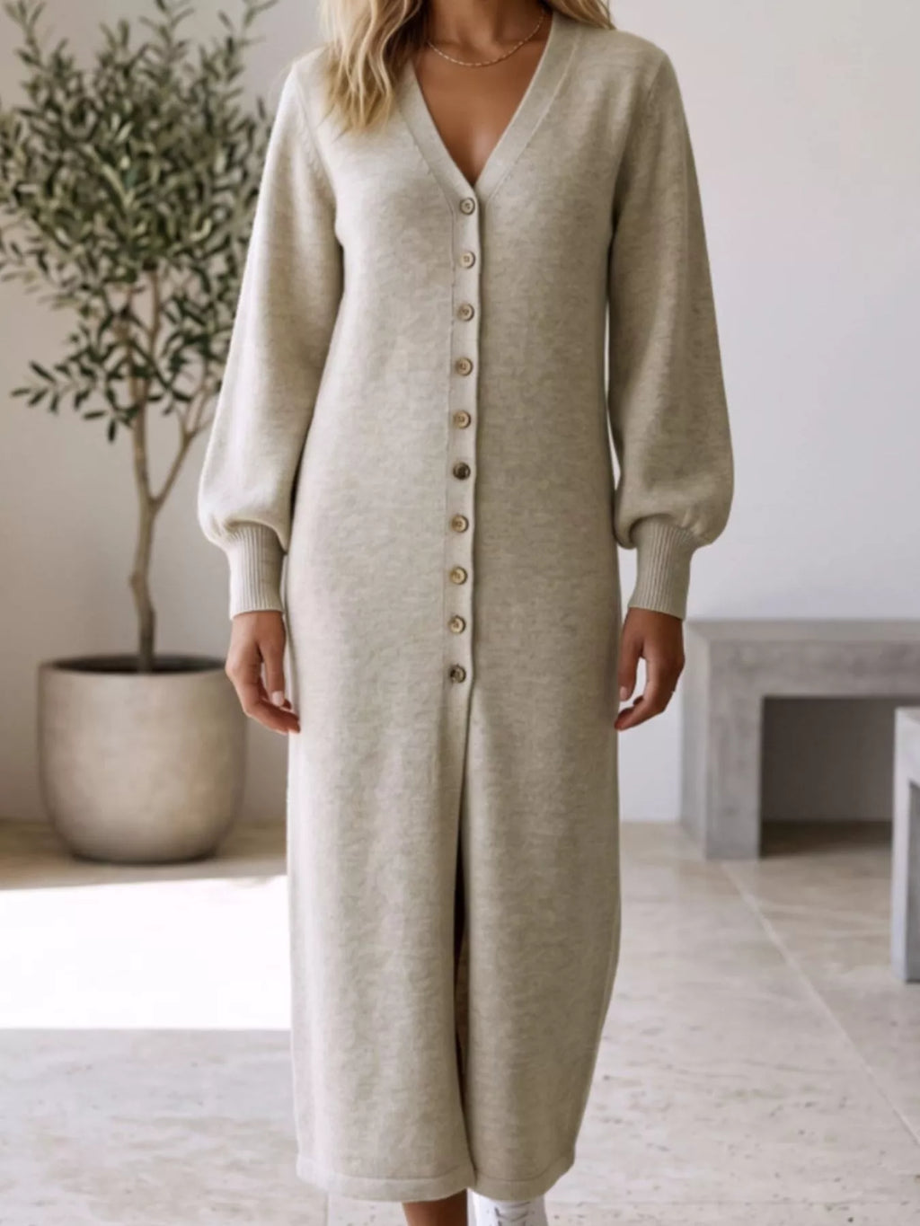 Button Front Long Sleeve Sweater Dress - Lilixa.store