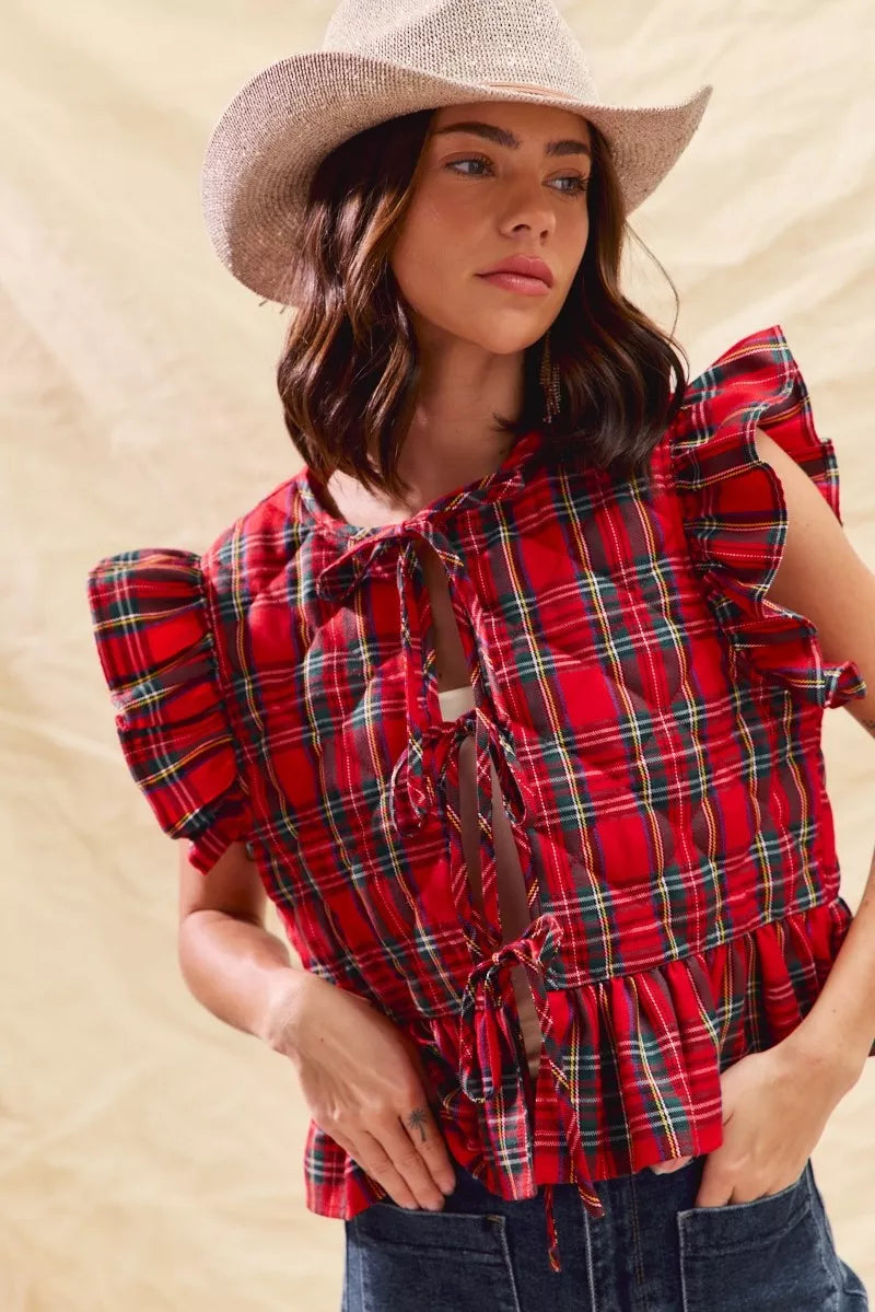 SO ME Christmas Holiday Plaid Ruffled Quilt Vest Top - Lilixa.store