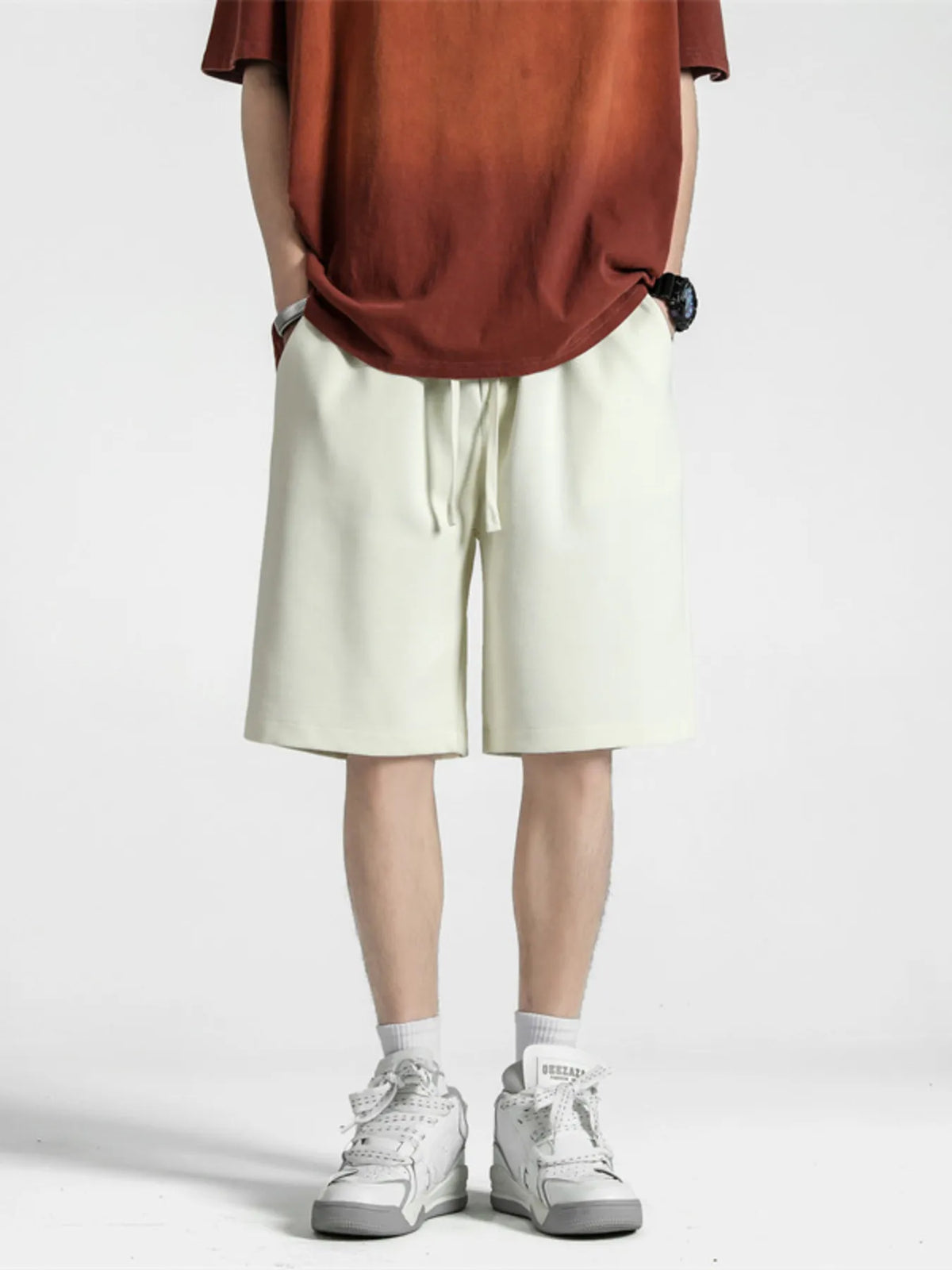 Men's Full Size Casual Loose-Fit Drawstring Shorts Plus Size in Flower White