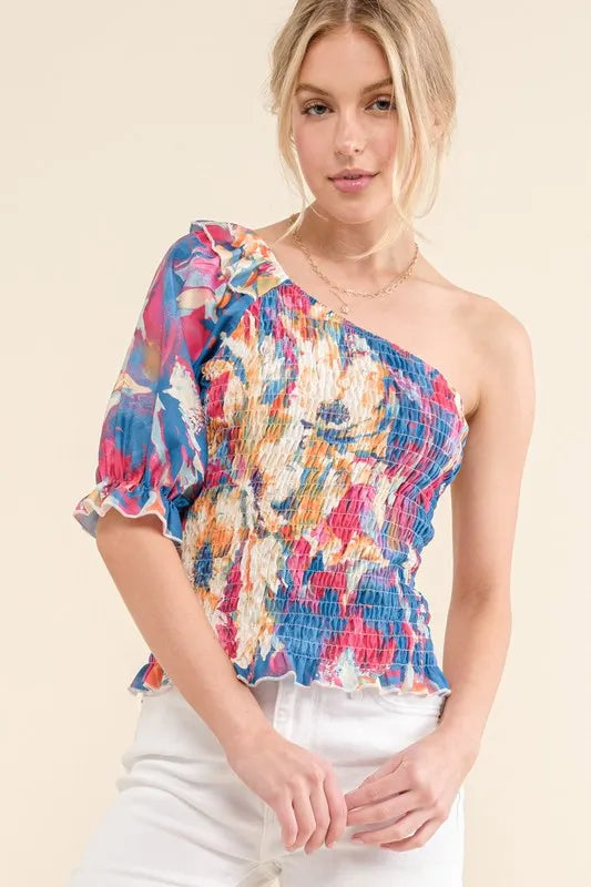 And The Why Allover Floral Print Smocked One Shoulder Blouse - Lilixa.store