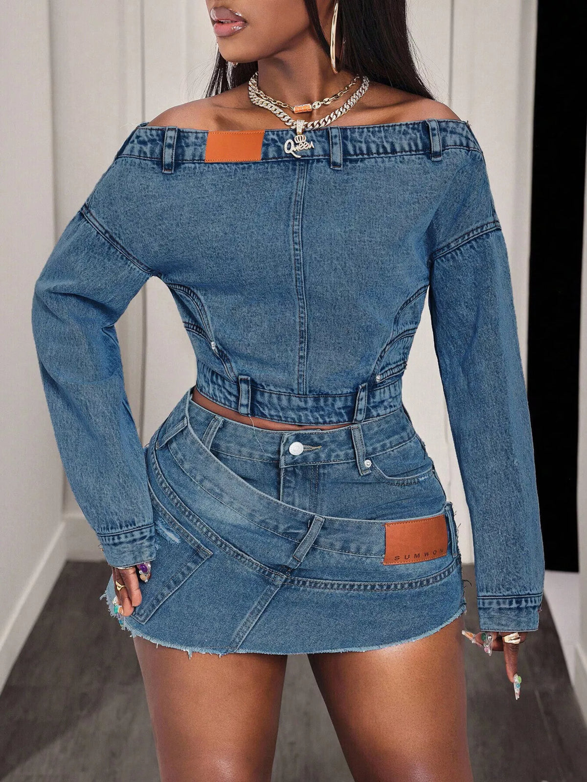 Off-Shoulder Long Sleeve Denim Top, view 3