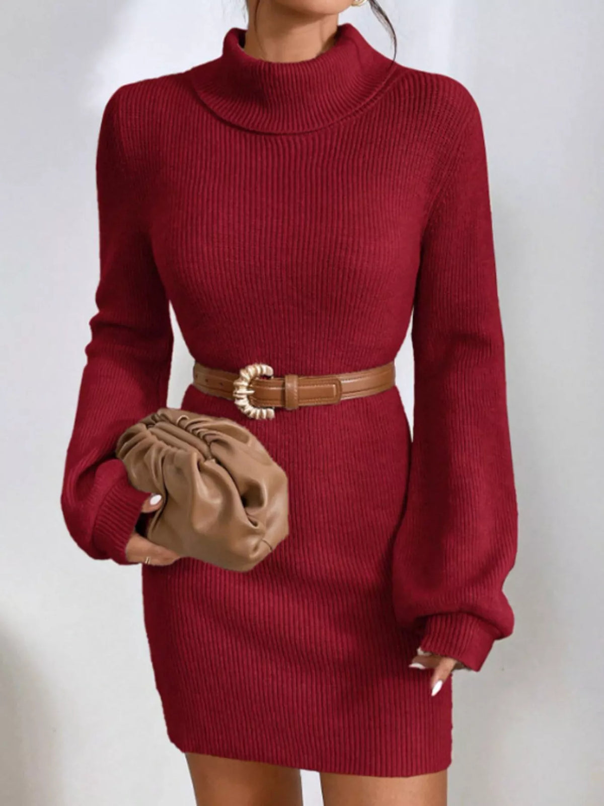 Turtleneck Ribbed Knit Sweater Dress, view 19