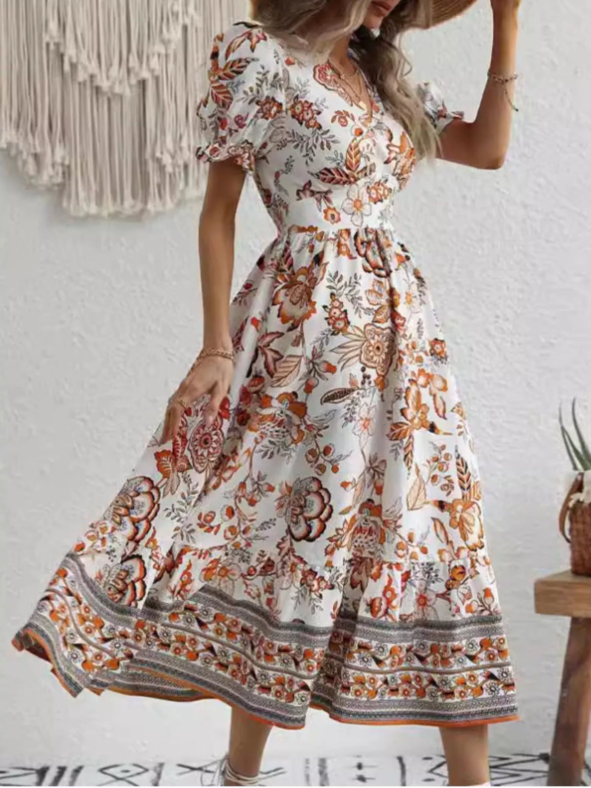Floral Print Puff Sleeve Wrap Midi Dress